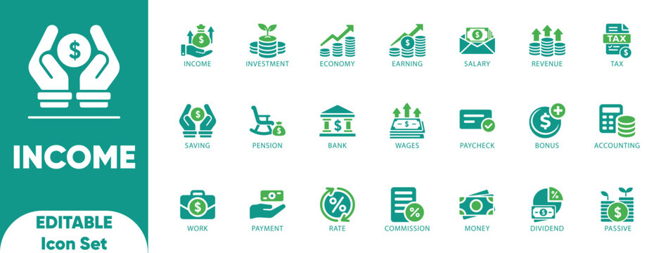 Income Editable solid icon set. Salary, Investment, Passive Wealth, and vector 