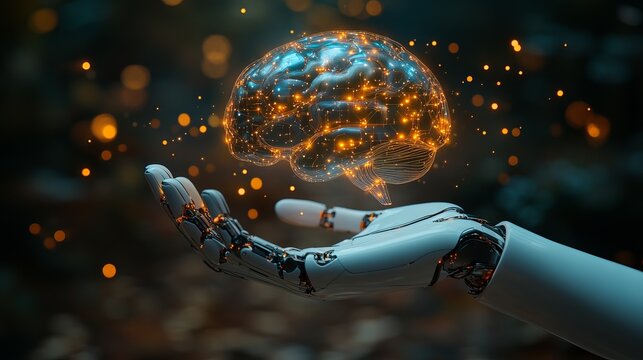 A robotic hand holds a 3D holographic AI brain above a digital landscape viewed from a futuristic perspective with technology advancing rapidly everywhere.