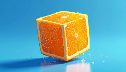 unnatural square shaped orange fruit with water drops on blue background