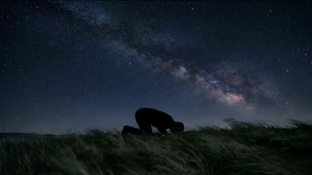 Cinematic 4K Slow Motion of a Muslim Man Performing Sujood Prayer Under Epic Milky Way Night Sky