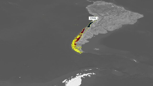 Cinematic Chile map animation with seismic and Pacific coastal details.