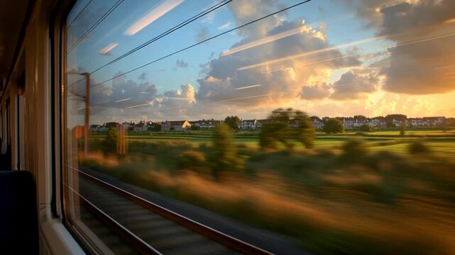 Scenic train journey through countryside at sunset with motion blur.