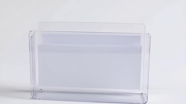 白い背景に空の透明書類フォルダを配置した、静かで整った映像です。
柔らかな光が輪郭とわずかな影を生み、清潔感を演出します。
3月の整理、引き継ぎ、業務移行や区切りの時期を象徴します。