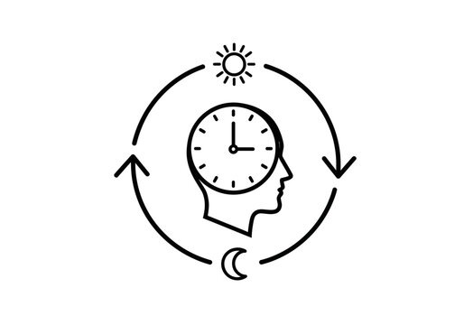 Circadian rhythm concept with clock in head and day night cycle icons