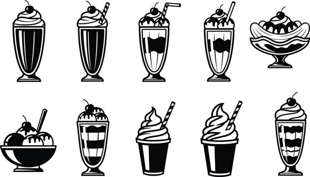 Set of retro milkshake and ice cream icons, vintage sundae illustrations with cherries and whipped cream, delicious frozen desserts isolated on white background (23 words)