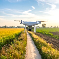 Drone flying in nature field, path, sky