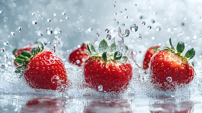 Captivating splash of fresh strawberries kitchen counter macro photography refreshing setting close-up juicy delights