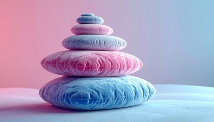 Inner peace balance concept &ndash; stack of soft fluffy pastel pillows shaped like zen stones