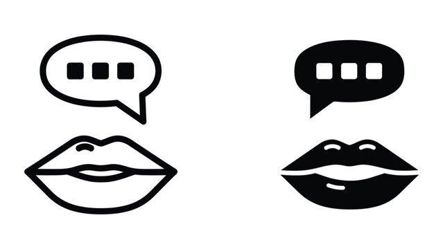 Conversation and lips icon set in black and white