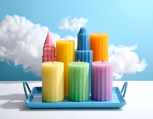 Colorful candle collection sits on a blue tray against a blue sky with fluffy clouds, still life
