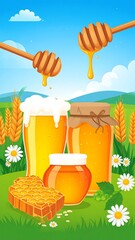 Colorful cartoon illustration of honey, beer, honeycomb, wheat, and daisies in a bright, idyllic outdoor scene