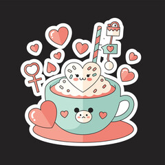 Cartoon cute cartoon heart shaped cookie in a pig face mug with hearts and candy on a black background