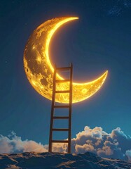 Limitless ambition concept &ndash; tall ladder leaning against glowing crescent moon in night sky