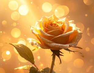 Elegant peach rose with soft light and bokeh, conveying warmth and beauty in a dreamy, ethereal scene