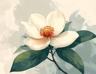 Elegant white flower with orange center, green leaves, artistic watercolor backdrop