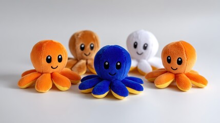 Colorful plush octopus toys with smiling sea creature friends in playful arrangement