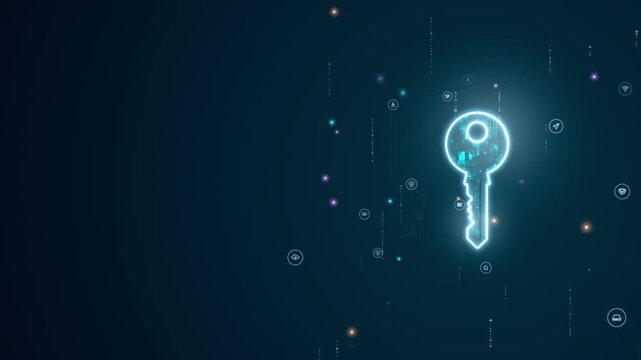 Motion graphic of digital security key icon with glowing technology symbols, illustrating cybersecurity, data protection, and secure access concepts for business video backgrounds.