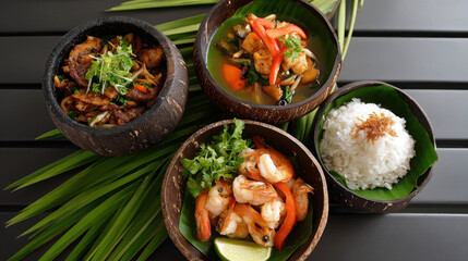 Tropical Seafood Lunch on an Island: Delicious Asian Dishes Served in Coconut Bowls with Fresh Ingredients