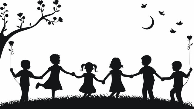 Children holding hands in a circle on grassy field at night