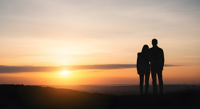 Couple embracing during romantic sunset with man standing beside woman