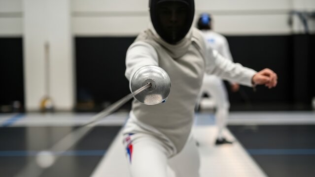Focus on tip of fencing foil sword