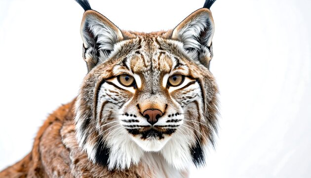 Close-up of a lynx head, featuring intricate fur patterns, piercing golden eyes, and a white background