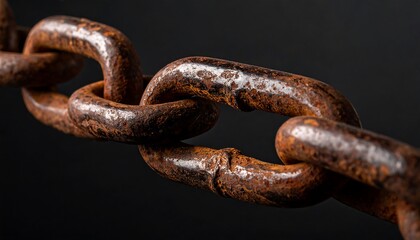 Fototapeta premium Close-up shows a rusty, aged metal chain against a dark backdrop, highlighting texture and corrosion details