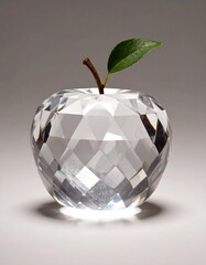 Faceted clear glass apple sculpture with brown stem and small green leaf on a neutral backdrop