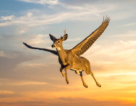 A deer with large wings flies through a sunset sky