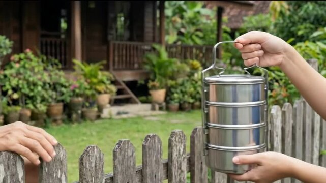 Cinematic 4K Clip of Hands Sharing Traditional Tiffin Meal Carrier Over Wooden Fence, Symbolizing Ramadhan Iftar Charity and Community