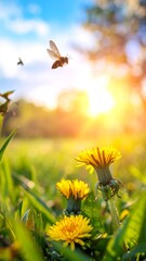 Dandelions glow in sunny field with bees flying. Warm, dreamy, and spring-like setting with blue sky backdrop