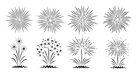 Set of various hand drawn firework explosions and displays. © Muginandaru