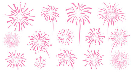 Vibrant pink fireworks exploding in various shapes and sizes celebration. © Muginandaru