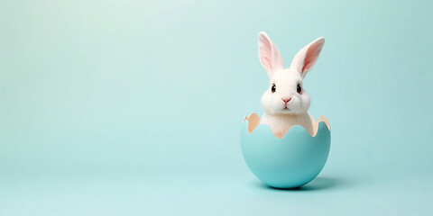 Obraz premium Cute White Easter Bunny Character Peeking Out of a Light Blue Egg Shell on Blue Background