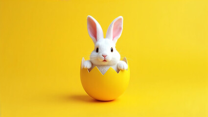 Fototapeta premium Adorable Baby Rabbit Figurine in a Cracked Easter Egg for Spring Holiday Concept