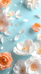 Delicate paper flower arrangement of white and peach blooms and leaves on a light blue background in portrait orientation