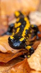 Fire salamander amidst vibrant autumn leaves, captivating with its stark yellow and black pattern