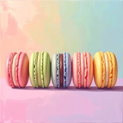 Five pastel-colored macarons sit in a row against a soft, painted background in pink, blue, yellow, and green hues
