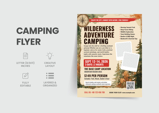 Rustic Wilderness Camping Adventure and Outdoor Summer Camp Flyer Template