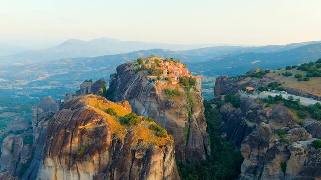 Meteora, Kalabaka, Greece. Monastery of the Transfiguration of the Saviour. Meteora - rocks, up to 600 meters high. There are 6 active Greek Orthodox monasteries listed on the UNESCO list. Aerial
