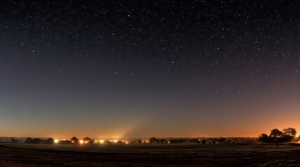 Fototapeta premium Night Sky With Stars Over Dark Field Landscape And Distant City Lights Glowing On Horizon Under Warm Lighting