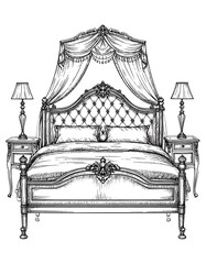 Detailed sketch of an ornate four-poster bed with bedside tables and lamps, draped with fabric canopy