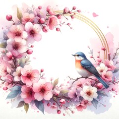 Floral wreath with pink blossoms and a bluebird perched on a branch against a soft watercolor background