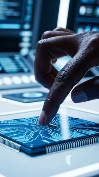 Close up of A Hand Touching A Blue Circuit Board With A Futuristic Interface In The Background
