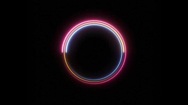 Glowing pink blue and golden neon cirlces animation on black background, seamless loop clipart footage for modern design