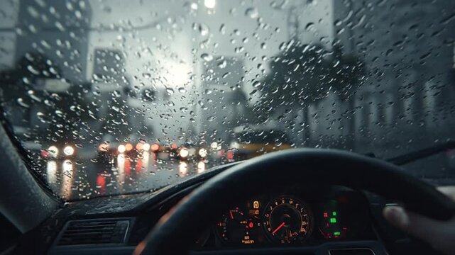 Driving a car on a rainy night through a city street with blurred traffic lights.