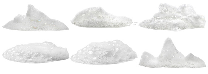 various natural white soap foam and bubbles isolated on a transparent background, a realistic...