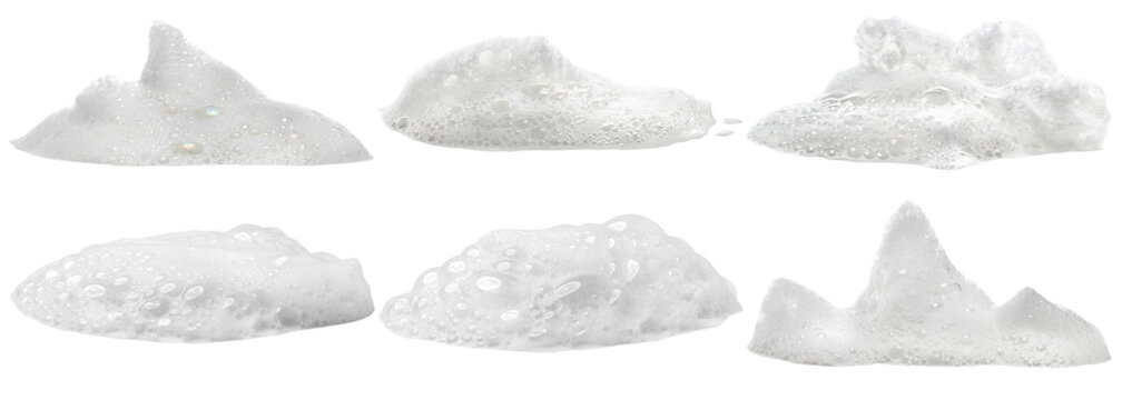 various natural white soap foam and bubbles isolated on a transparent background, a realistic illustration for cleansing concepts.