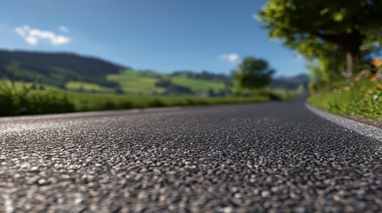 Asphalt Road with Lush Green Fields and Trees Under Clear Blue Sky on Sunny Day in Countryside
