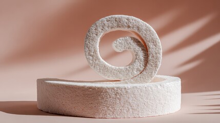 Abstract White Textured Spiral Sculpture on a Beige Platform Under Harsh Lighting Casting Sharp Shadows with Light Beige Background for a Modern Art Concept